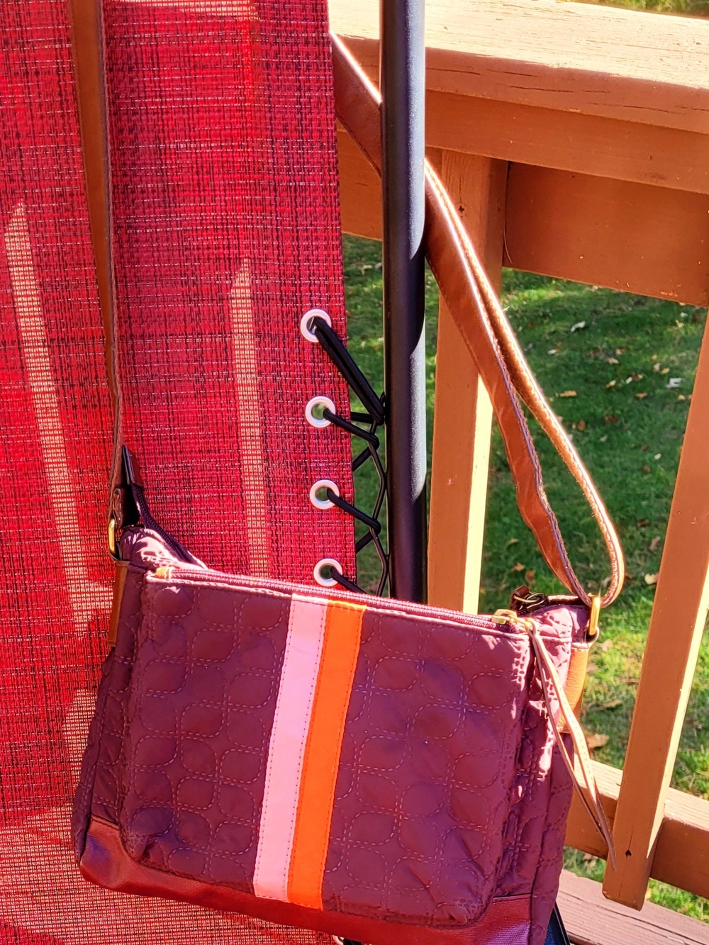 Fossil Jenna Plum Quilted Crossbody with Pink and Orange Stripes